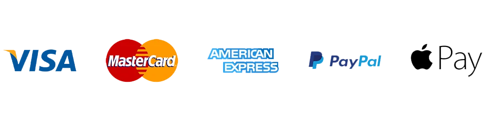 Payment methods: Visa, Mastercard, American Express, PayPal, Apple Pay